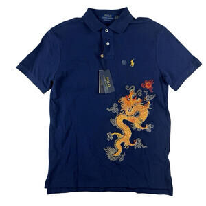 Polo Ralph Lauren Lunar New Year Dragon Mesh Polo Shirt Blue Size M & S FS